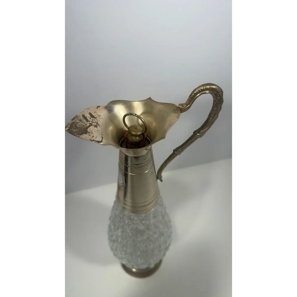Vintage F. Lii Beccaro Cut Glass Crystal Decanter Silver Tone Pitcher Jug